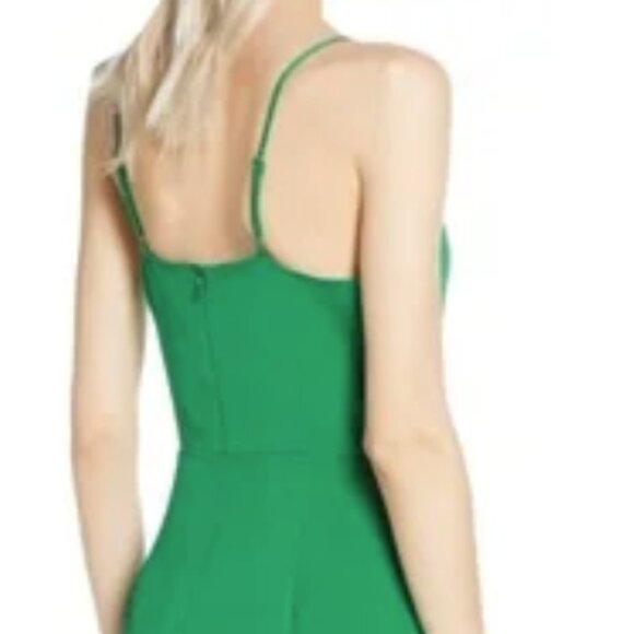 Green Satin A-Line Midi Faux Wrap Ruffle Hem Cocktail Dress - Picture 4 of 5